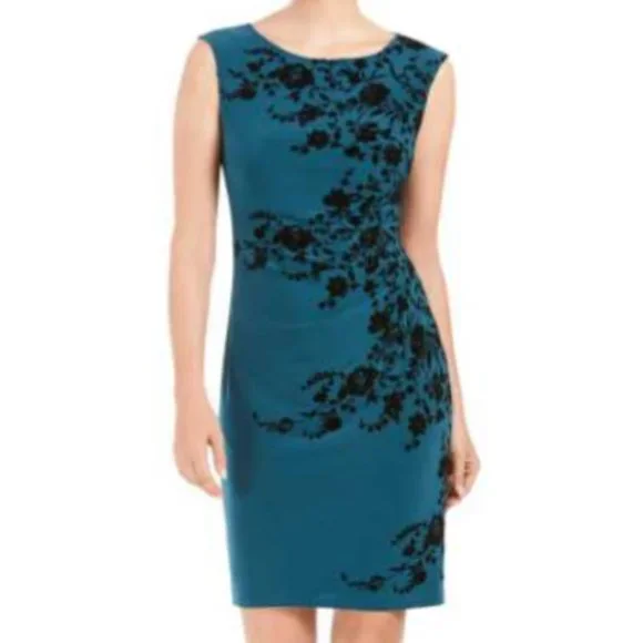 Jessica Howard | Dresses | Jessica Howard Green Black Flocked Floral Velvet  Sleeveless Ruched Sheath Dress | Poshmark